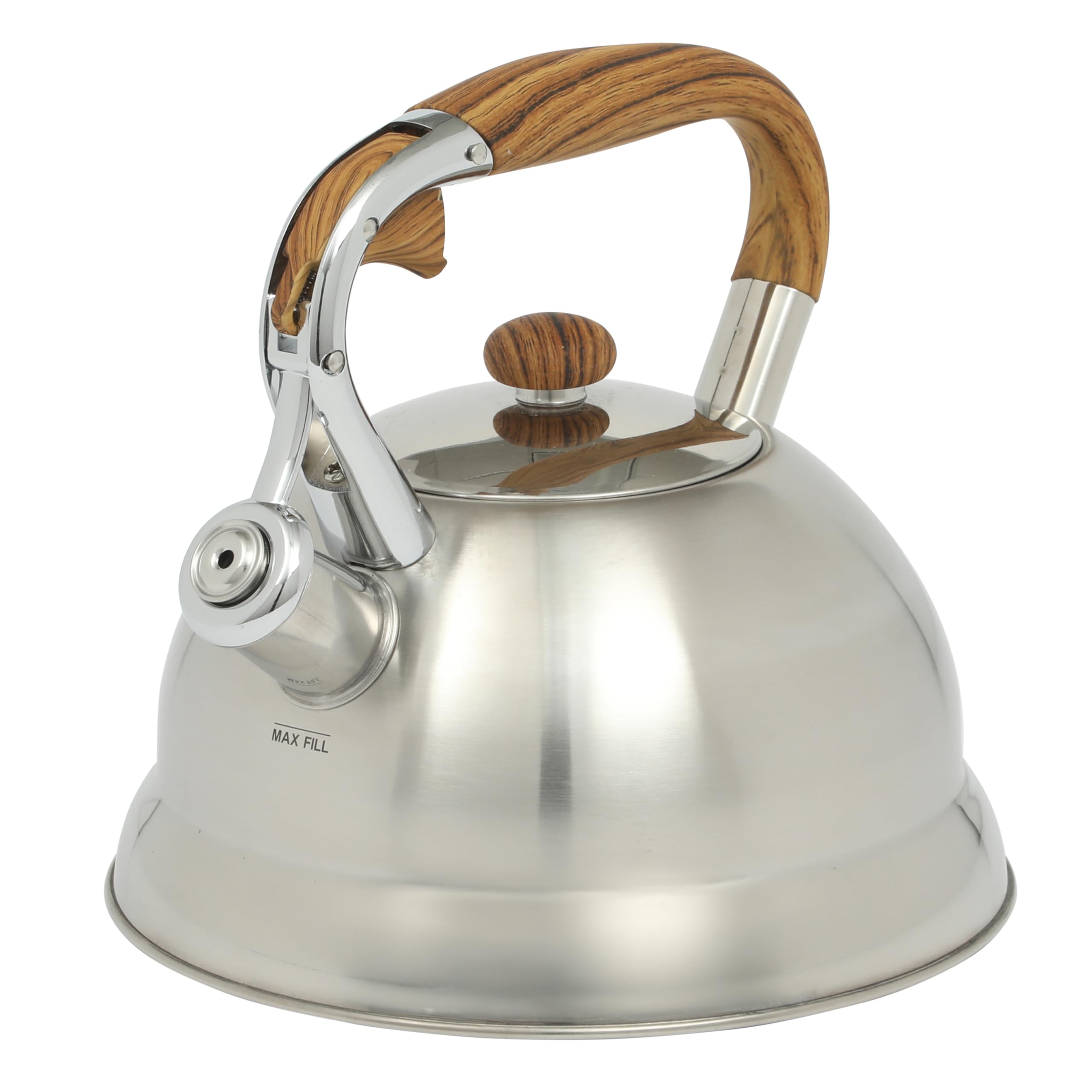 Mr. Coffee Woodmont 2-Quart Stainless Steel Tea Kettle With Wood Handle, Stovetop Whistling Kettle, Durable Fast-Boil Tea Pot