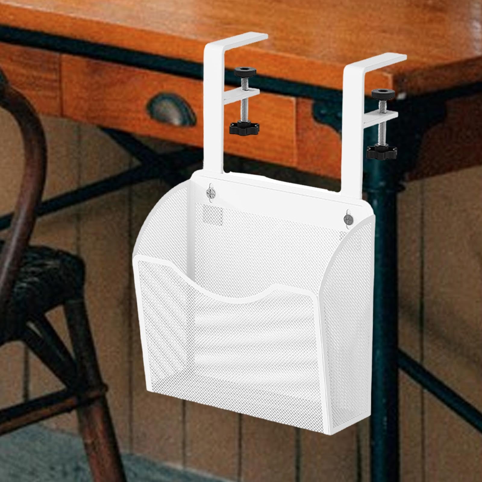 Qianly Soporte de Almacenamiento para debajo de La Mesa, Organizador Colgante de Escritorio, Organizador de con Abrazadera para Escritorio, Organi, Blanco