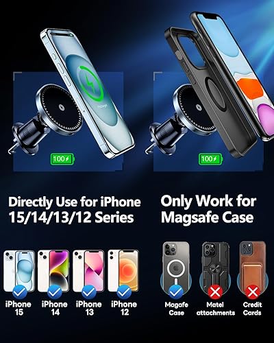 Miniatura 5 de Cargador inalámbrico MagSafe para automóvil, carga rápida de 15 W, soporte de ventilación, compatible con iPhone 16/15/14/13/12 Series