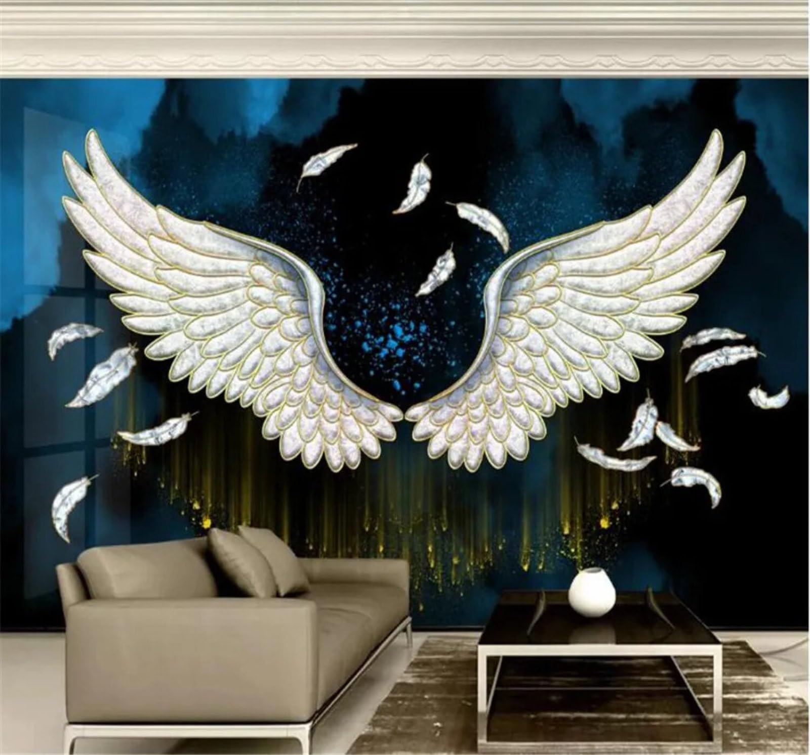 Tzxztt Abstract Three Dimensional Ink Wash Wings Feathers Modern 3D Wallpaper Premium Textured Silk Neutral Tones Material Ideal for Living Room Bedroom-350cm×256cm