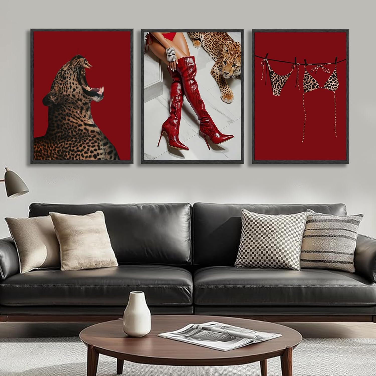 XLYFVLGF 3Pcs Red Fashion Leopard Wall Art Cheetah Wall Decor Pictures Stylish long boots print Bikini Painting Artwork for Living Room Bedroom Bathroom Corridor Home Decoration 16x24in Poster