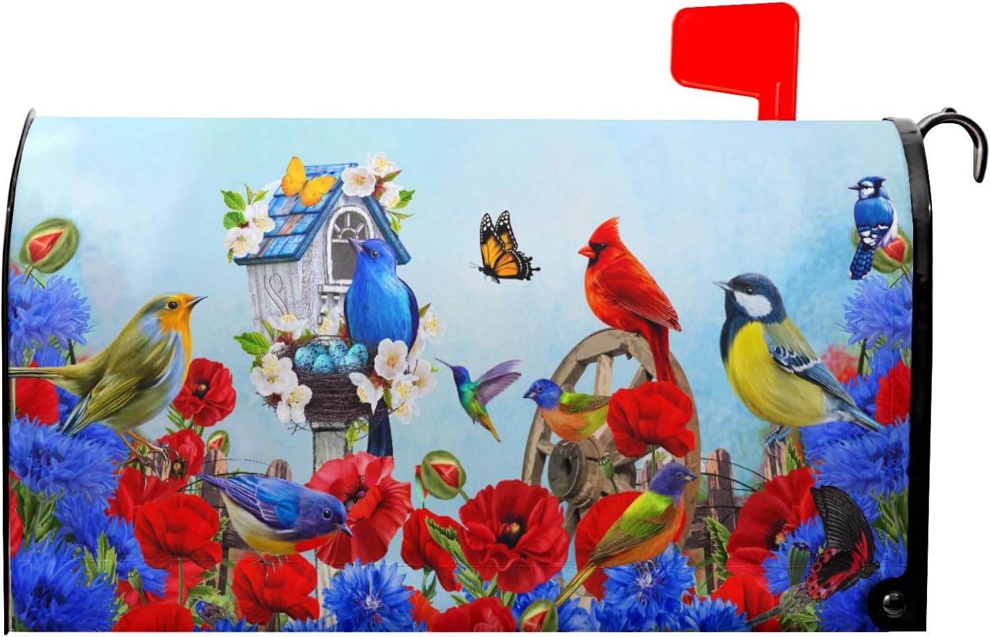 Spring Cardinal Birds Mailbox Covers Magnetic Standard Size 18" X 21",Red Blue Flowers Mailbox Wraps Post Letter Box Spring Cover for Holiday Garden Yard Decor
