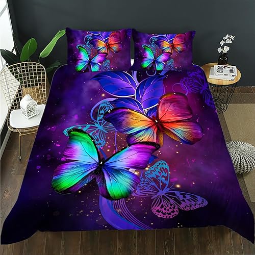 AILONEN Juego de funda de edredón de mariposa tamaño Queen, juego de ropa de cama de mariposa de colores brillantes, juego de funda de edredón