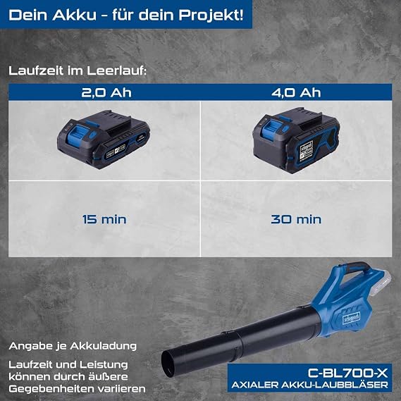 Scheppach Akülü yaprak üfleyici C-BL700-X 20V eksenel yaprak üfleyici | hava gücü 516 m³/h | hava hızı 155 km/h | 20 V-IXES serisi | 2 Ah akü ve şarj cihazı ile