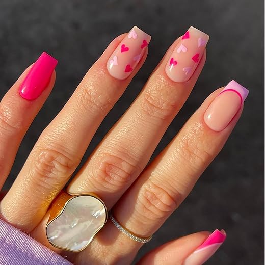 24 Pcs Valentines Heart Press on Nails Short Medium Fake Nails with Pink Heart Design Square False Nails French Tip Nails Press on Holiday Glue on Nail Pink Full Cover Stick on Nail for Women