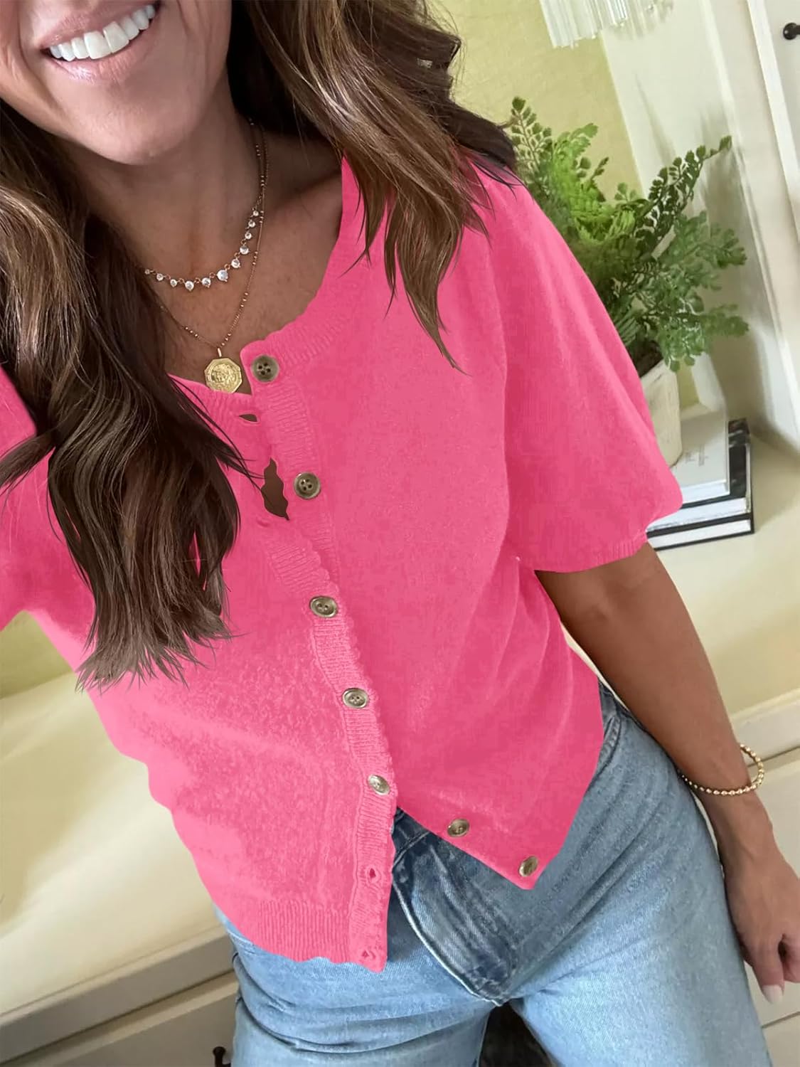 Saodimallsu Womens Puff Short Sleeve Cardigan Lightweight Summer Button Down Shirts Knit Crew Neck Sweater Tops - Image 3