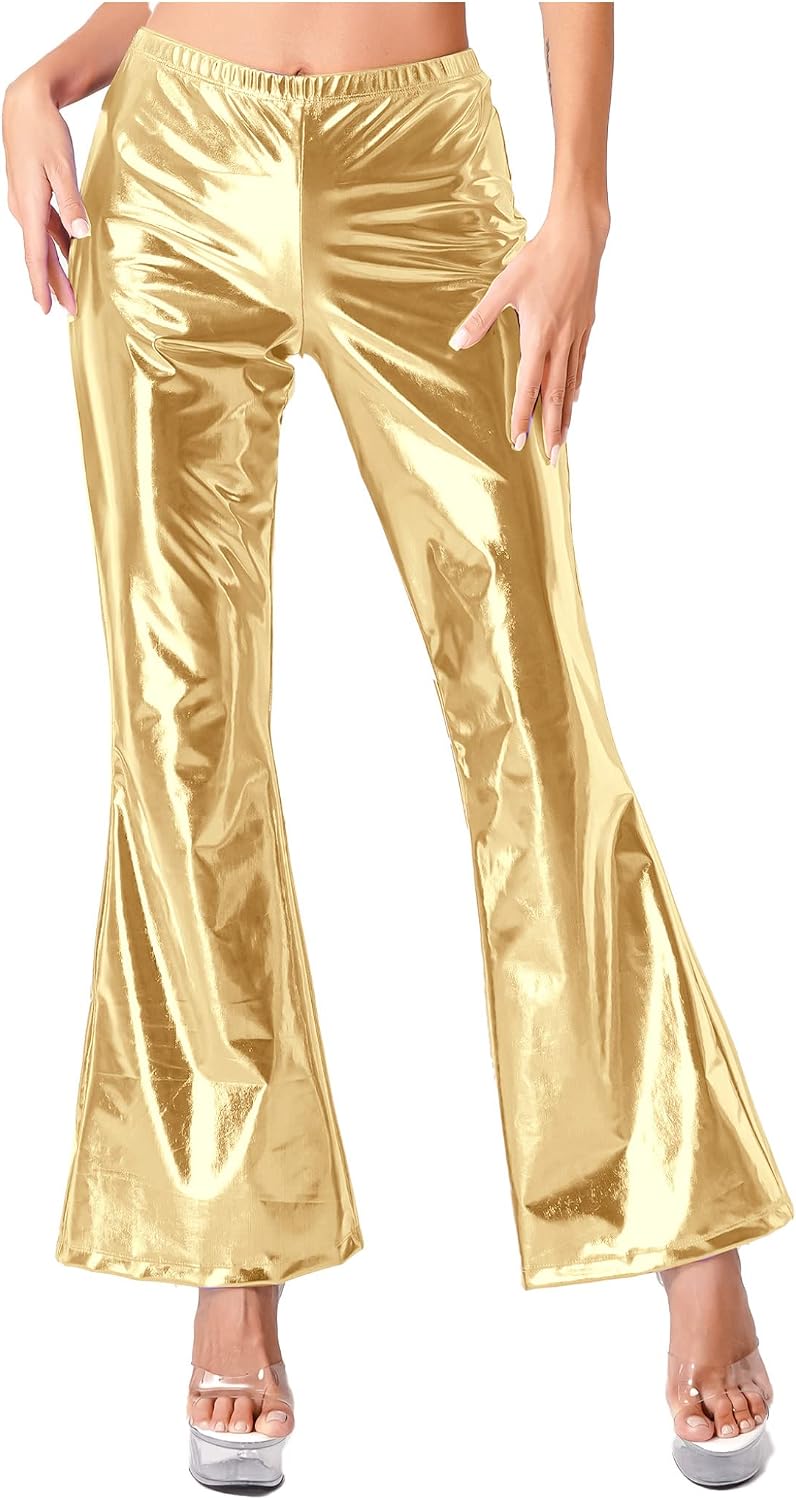 Sholeno Womens Shiny Metallic Disco Pants Bell Bottom Flared Long Trousers Cosplay Party Stage Costume