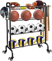 Ardier 4-Tier Rolling Ball Rack Organizer with Wheels - Durable Storage for Basketball, Soccer, Football, Volleyball - Black