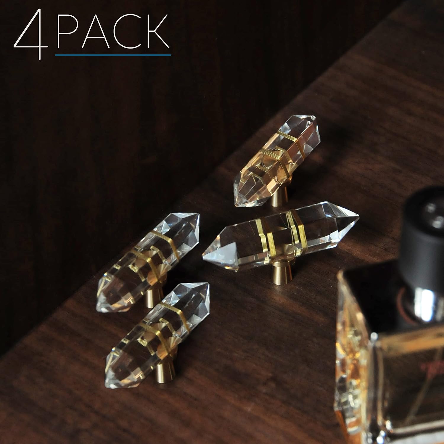 4 Pack Hexagonal Crystal Knobs Wire Wrapped Glass Brass Drawer Pull Cabinet Handle Gold Furniture Hardware for Dresser Kitchen (Clear)