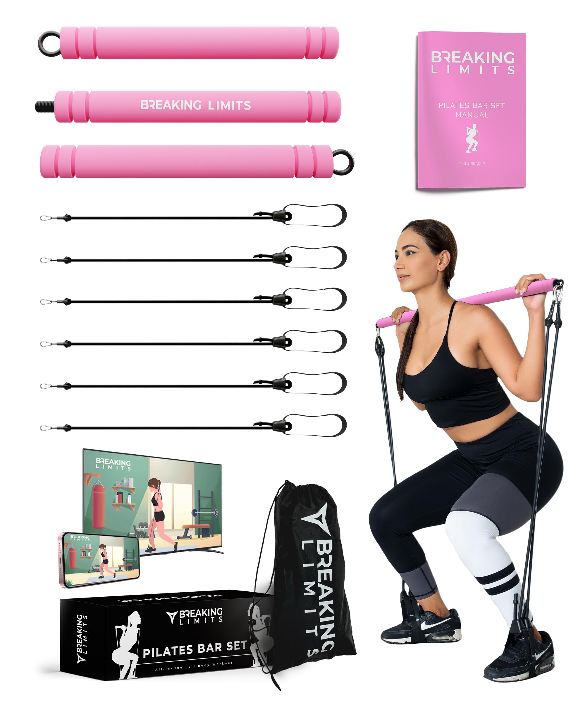 Breaking Limits Ensemble de Barres de Pilates Réglable avec 6 Bandes de Résistance pour Entraînement Complet du Corps