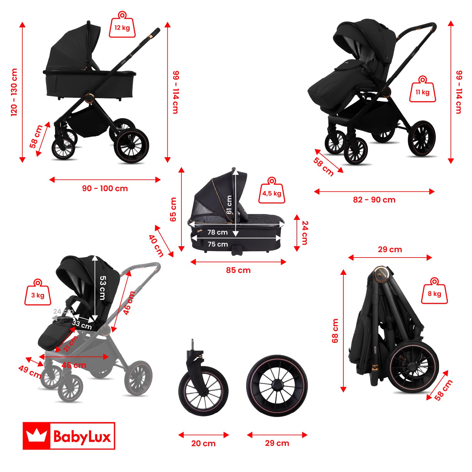 BabyLux Wielofunkcyjny Wózek Dziecięcy 2w1 CASTOR Lekki i Kompaktowy | Gondola i Spacerówka z Akcesoriami, Składana Aluminiowa Konstrukcja Stelaża, Regulowane oparcie, Żelowe Koła, Amortyzacja