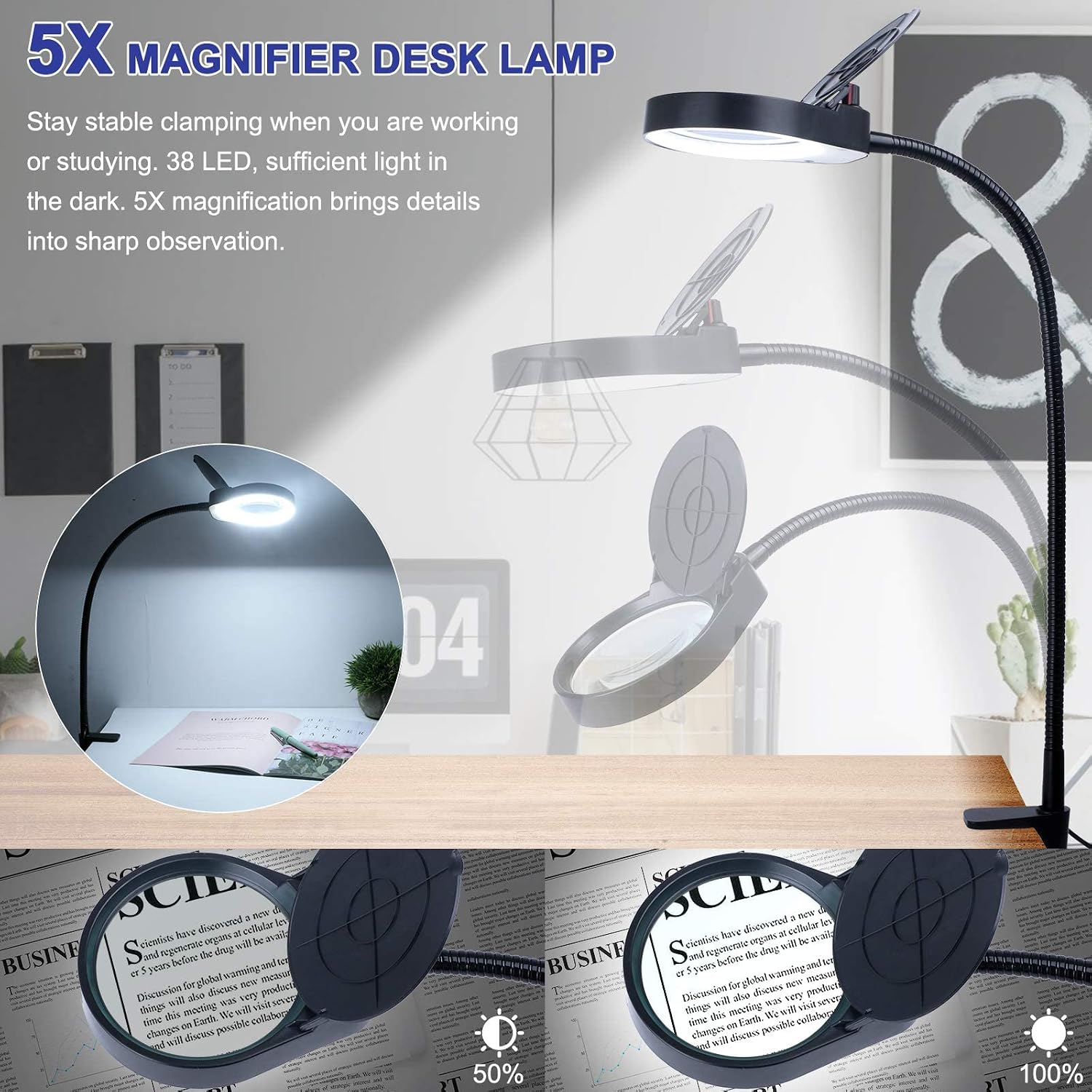 10X Magnifying Glass Lamp with Light, Magnifier Light with Clamp, Adjustable Flexible Gooseneck Magnifier Light for Close Work Reading, Crafting, Sewing, Soldering, Jewelry Makers