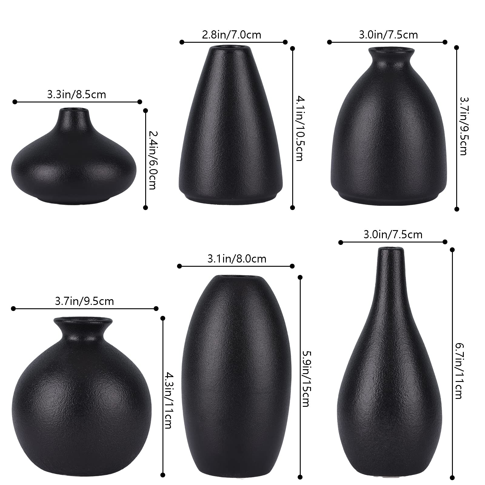 Zestaw 6 matowych czarnych małych wazonów na kwiaty, ceramiczny wazon na pąki, luzem, boho, centralne elementy na stoły, mini krótki wazon, nowoczesny, luzem, wazony weselne, na wieczór panieński,