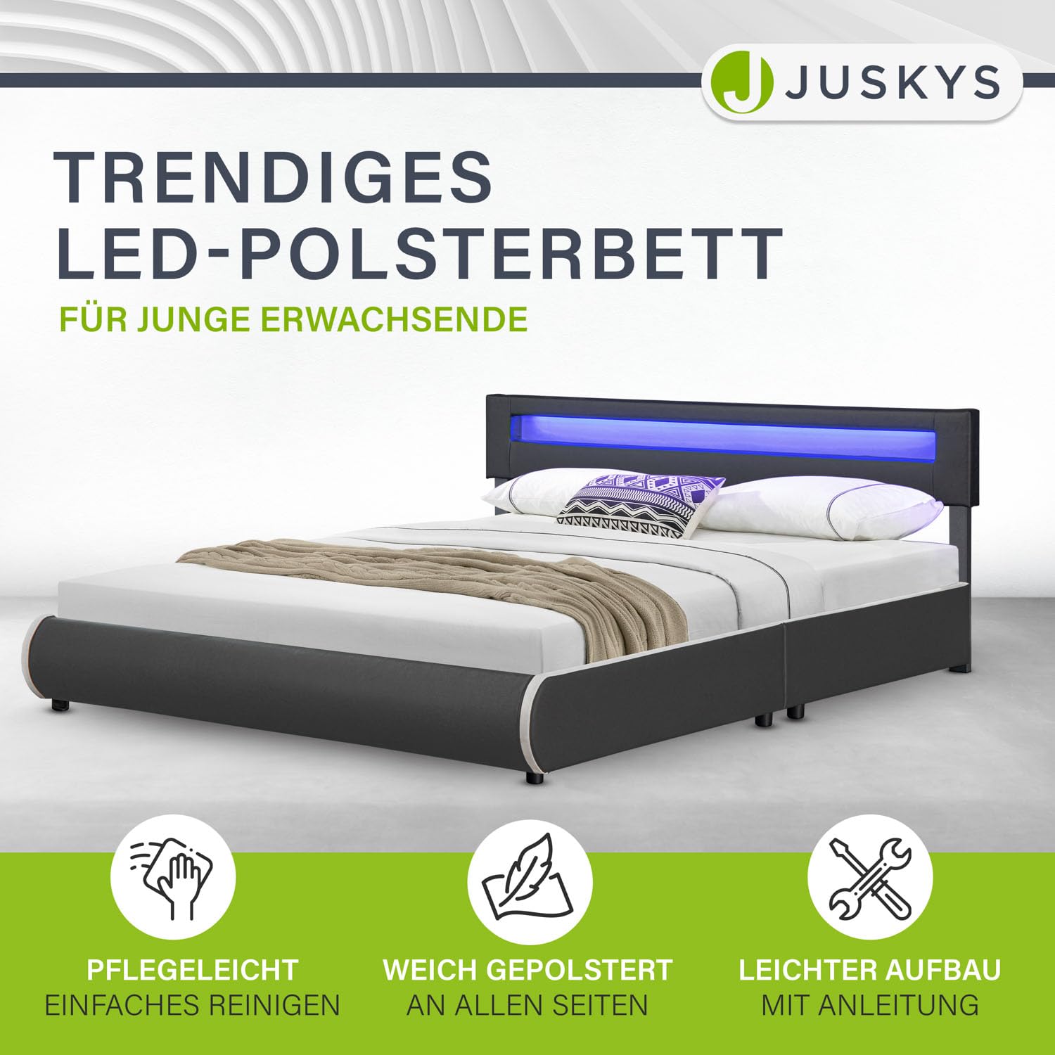 Juskys Polsterbett Sevilla 180x200 cm mit LED Beleuchtung, Lattenrost & Kopfteil - Holz & Kunstleder - 16 Farbeinstellungen & Fernbedienung - Bett Bettgestell Doppelbett - Grau