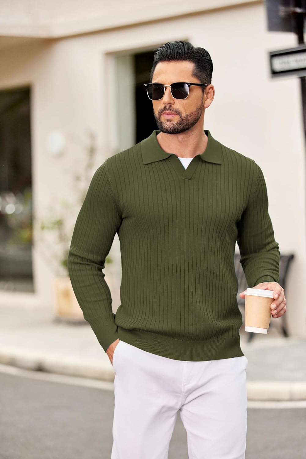 COOFANDY Knit Polos for Men Long Sleeve Sweater Polo V Neck Collared Sweater Golf Polo Sweaters Army Green - Image 3