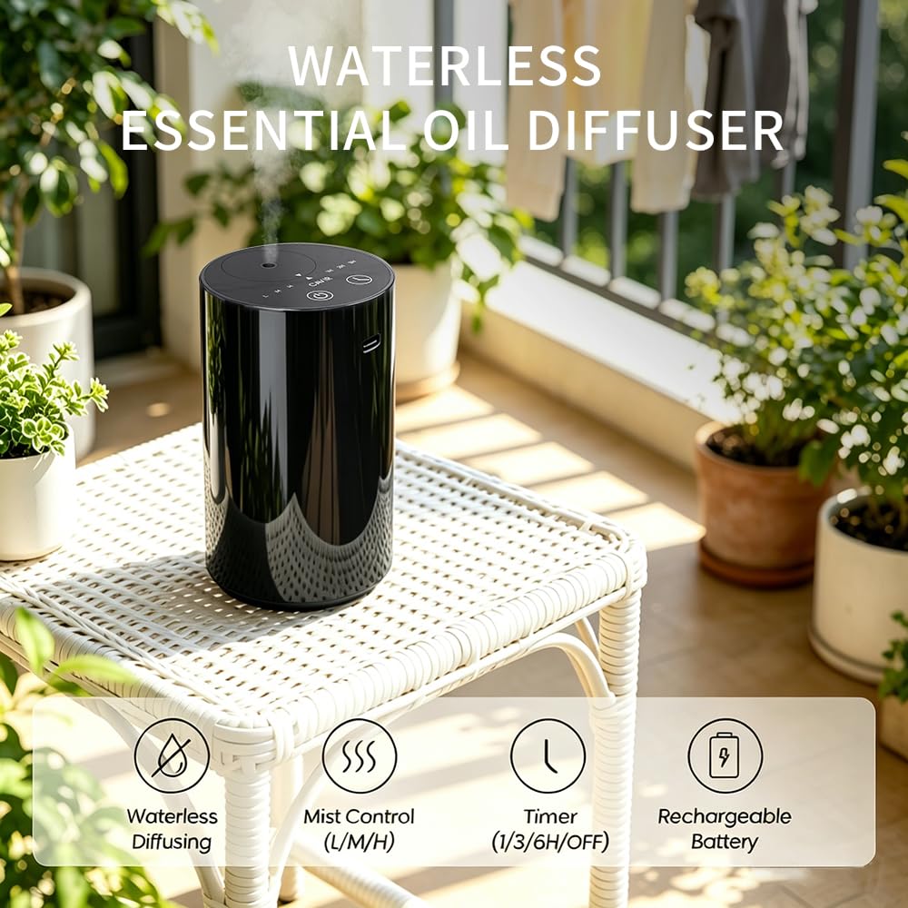 Cavir Wasserloser Diffuser, Tragbarer Aroma Diffuser kabellos mit 3 Countdown-Timer 3 Nebel Ebene, USB Wiederaufladbarer Aroma Diffusor für Haus, Zimmer, Auto, Büro & Reise