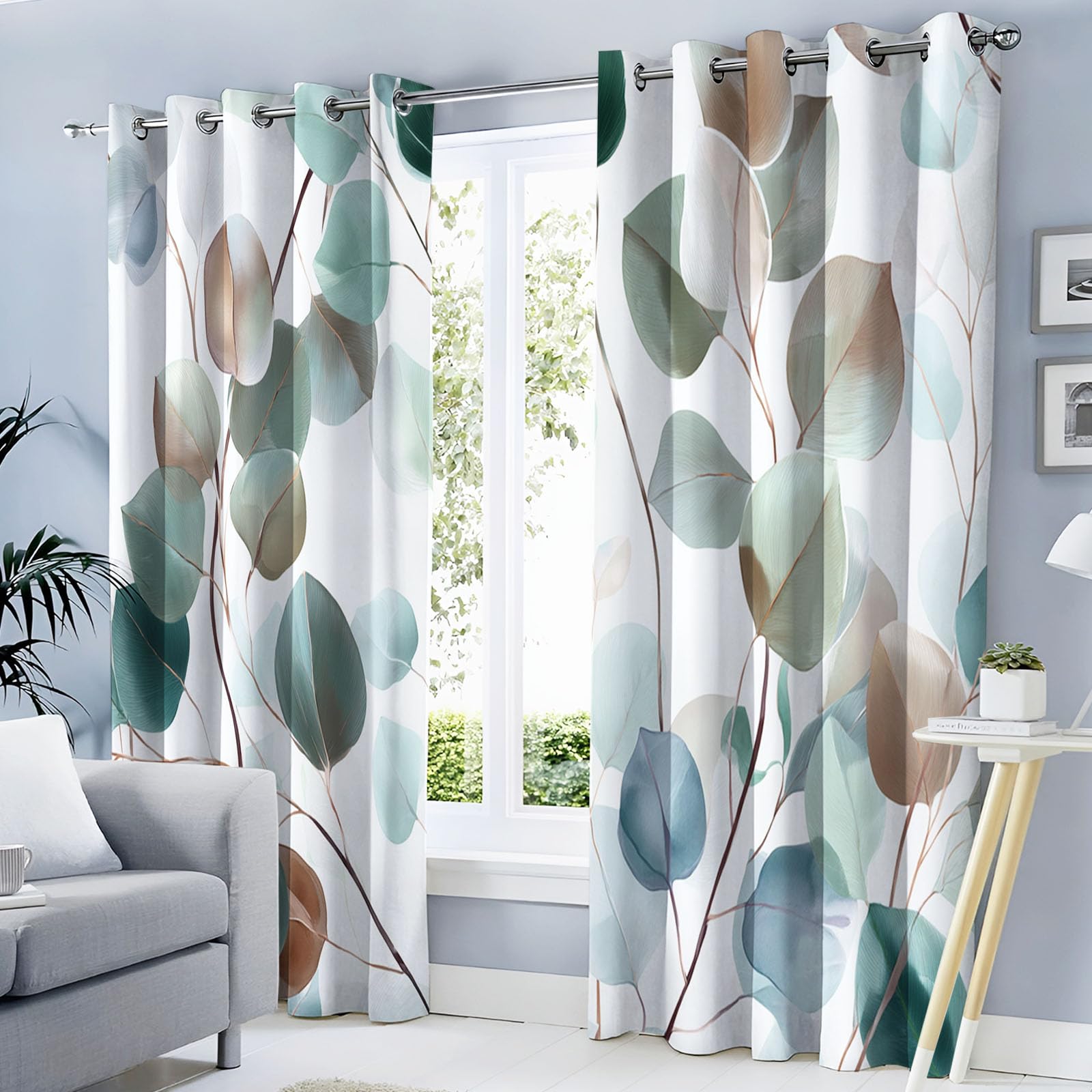 Rideaux occultants contre la lumière et le froid, motif eucalyptus vert pour fenêtre