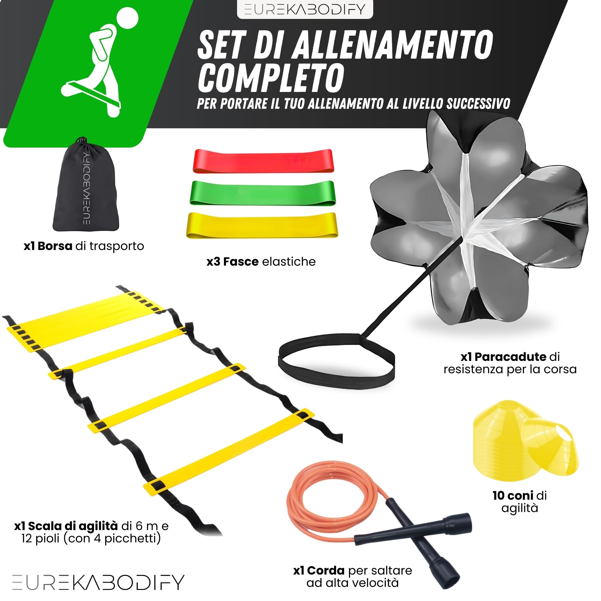 Kit Allenamento Calcio e Agilità - 10 Cinesini - Scala di Agilità 6m - Paracadute Allenamento - 3 Bande Elastiche di Resistenza - Corda per Saltare - Borsa da Trasporto