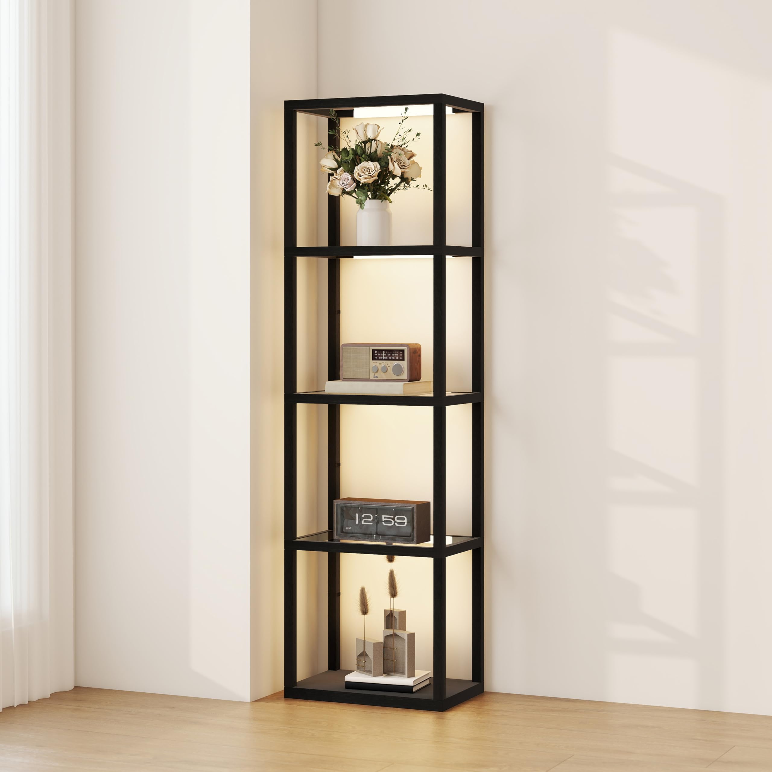 Homcom Black Led Floor Lamp With Glass Shelves, 4 Layers Dimmable Tall Standing Lamp, Modern Column Shelf Floor Light For Living Room, Bedroom, Office,