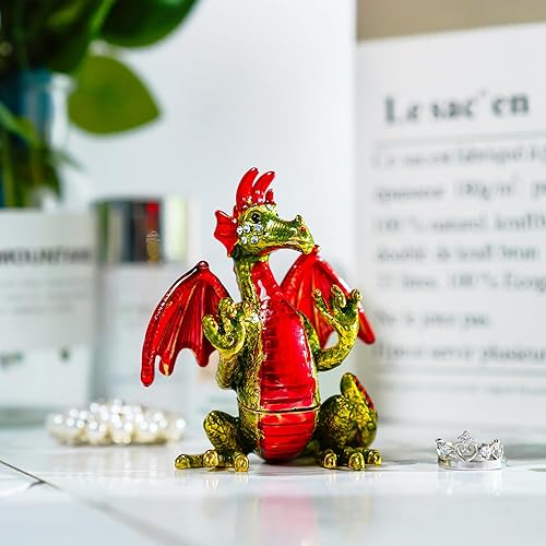 Miniatura 6 de YU FENG Lindas cajas de baratijas de pterosaurio rojo con bisagras de cristal con joyas de dinosaurio figuras de animales de joyería expositor