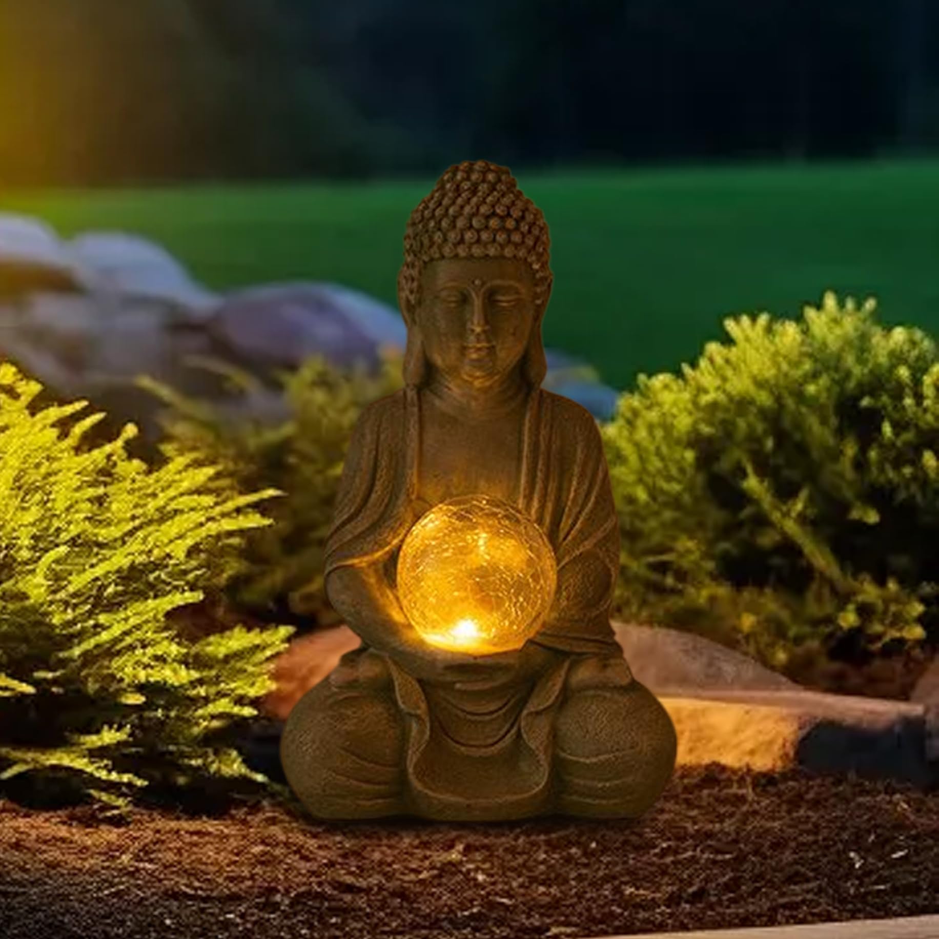 Estatua de Buda para decoración al aire libre, LED impermeable a prueba de sol, figura de jardín de Buda con energía solar, ideal para decoración de meditación en jardín, patio o césped, inauguración