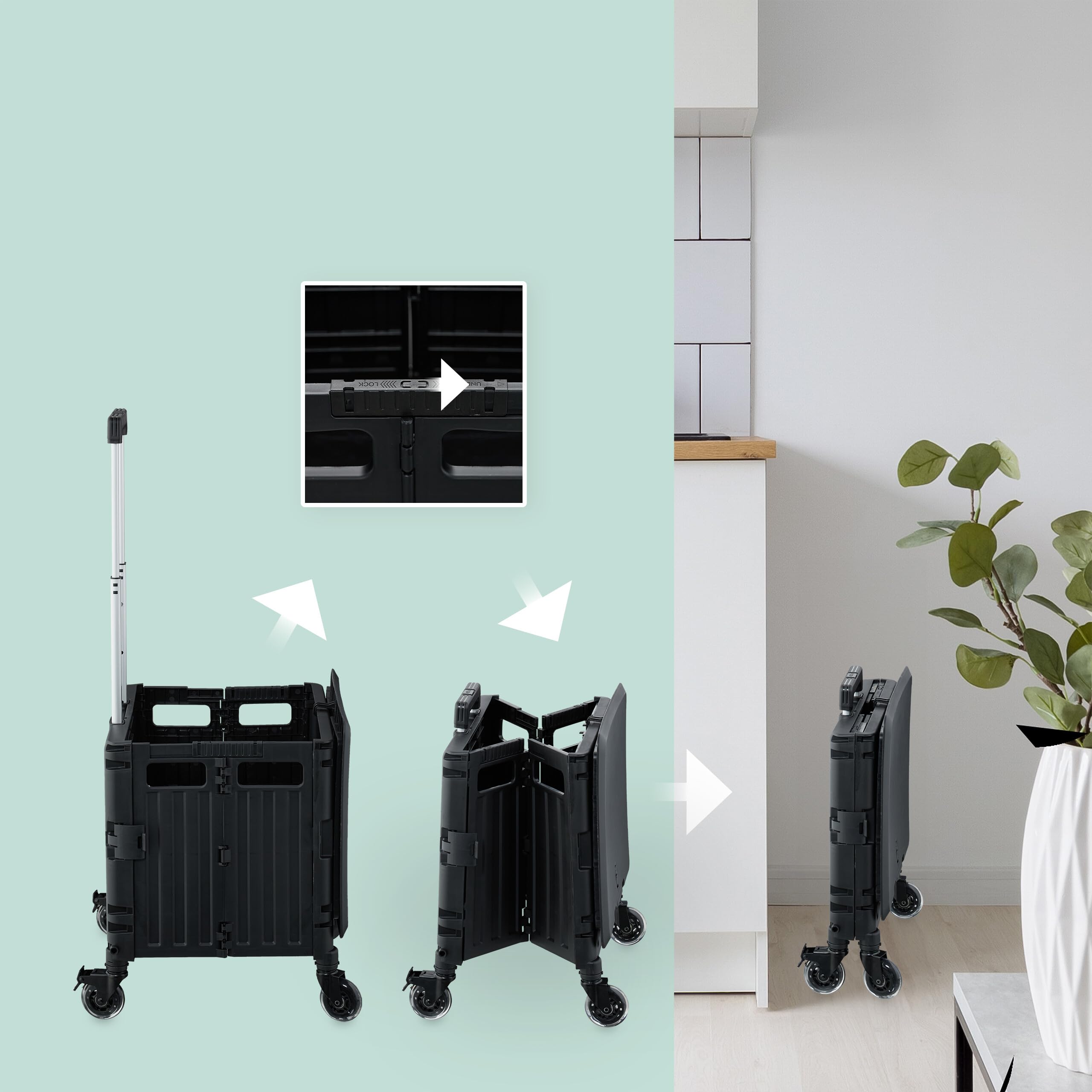 Relaxdays Carrito de Compra Plegable, Carro con Ruedas Giratorias, para 35 kg, Caja con Mango Telescópico y Tapa, Negro