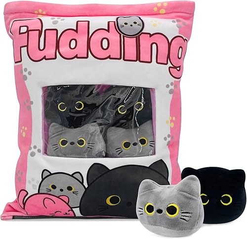 Bonita almohada de felpa de gato negro, juguete de peluche extraíble, bolsa de peluche gris suave, almohada decorativa de gatito Kawaii, regalo para