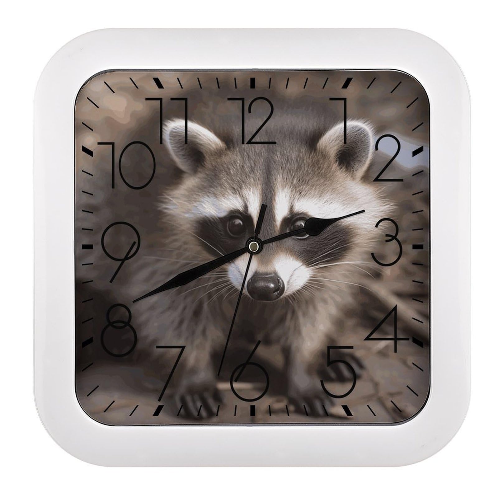 MUSM 10.2 X 10.2 Inch Modern Cub Raccoon Wall Clock Battery Operated High Accuracy Decorative Square Clocks for Kitchen Bedroom Living Room Home Office Porch