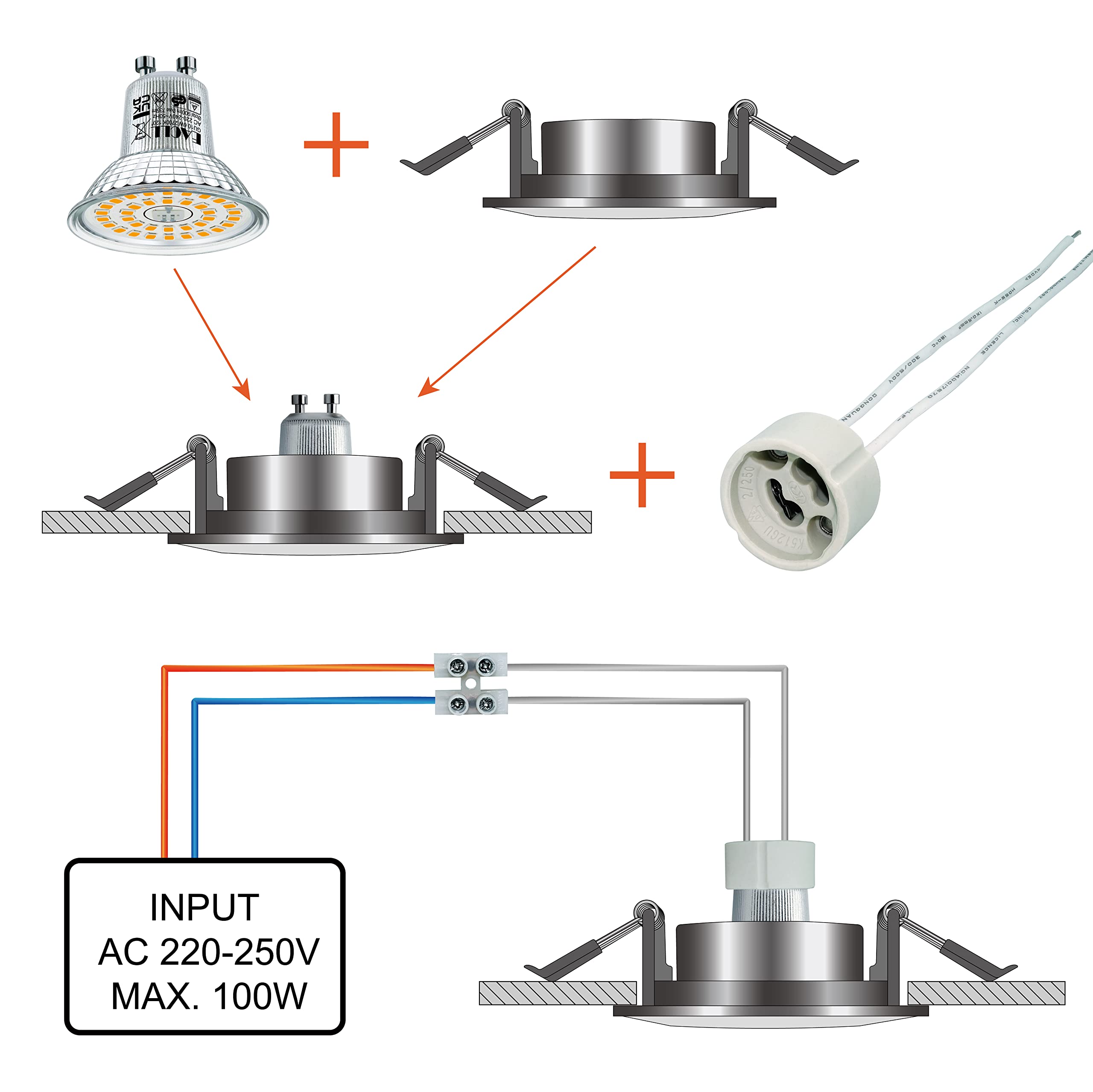 EACLL GU10 Bases para Lámparas, Casquillo Portalámparas Zócalo de Cerámica, Pack de 10, Económico y práctico, Con Cable de Silicona de Calidad, Conector Para GU10 LED o Bombilla Halógena
