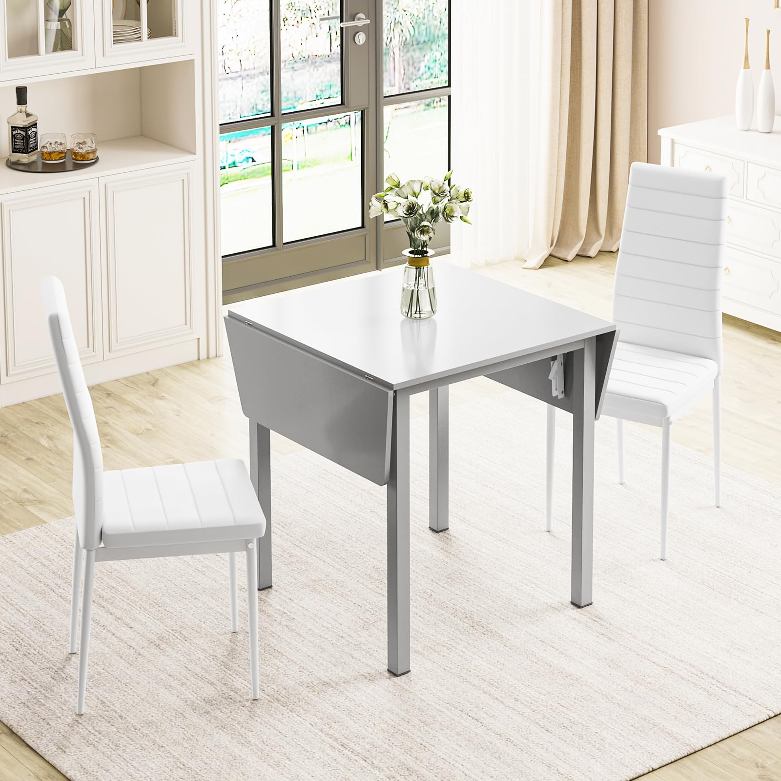 JEFFORDOUTLET Dining Table and Chairs Set of 2, Drop Leaf Grey Folding Kitchen Table With White PU Leather High Back White Chairs for Dining Room, Kitchen