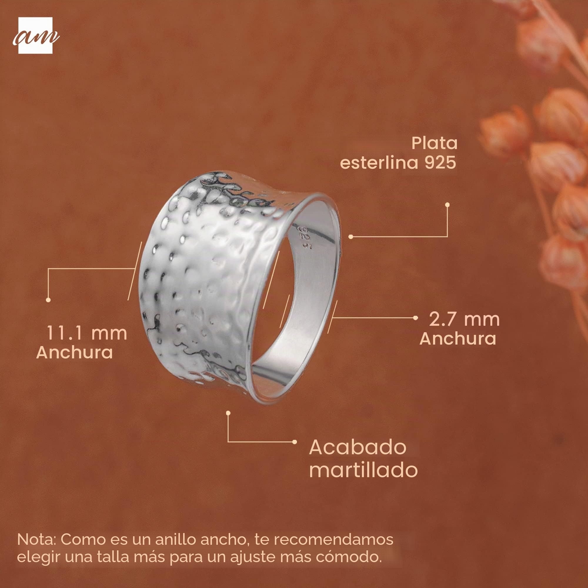 Amberta Anillo para Mujer en Plata de Ley 925 con Efecto Martillado