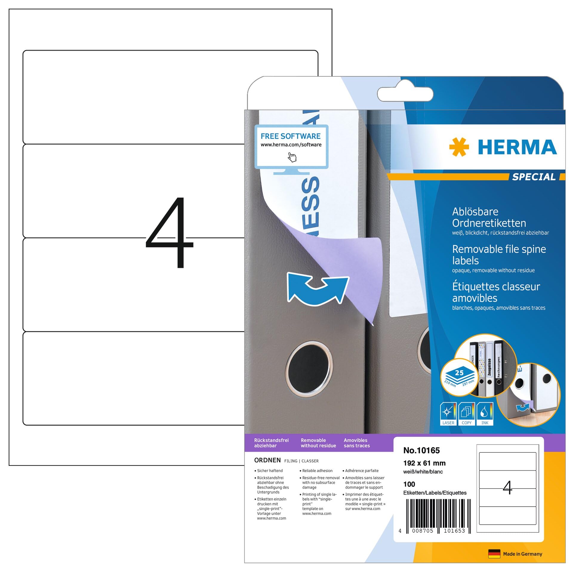 Etichette rimovibili per raccoglitori, corto/largo, 800 fogli, 192 x 61 mm, 4 per foglio A4, 3200 adesivi, autoadesive, stampabili, opache, in carta bianca, colore: bianco