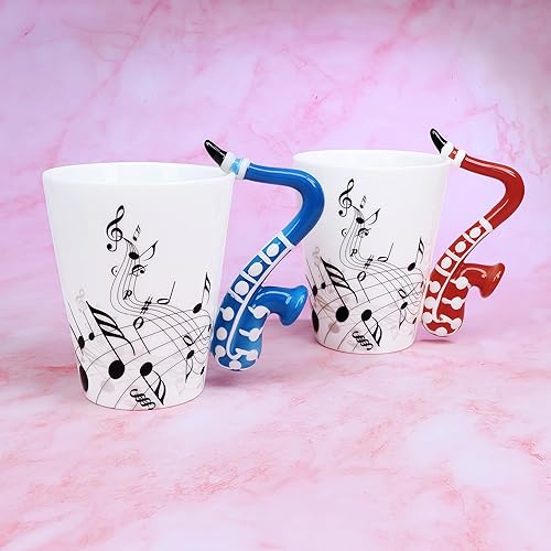 Miniatura 7 de LanHong - Taza de saxo de 13.5 onzas con notas musicales, taza de café, taza de música de saxofón de cerámica, regalos para amigos (rojo)