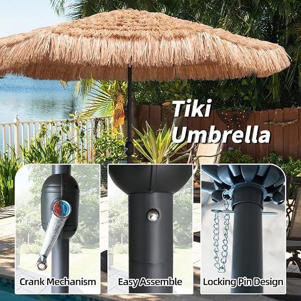 AMMSUN 9ft Hula Thatched Tiki Umbrella Hawaiian Style Beach Patio Umbrella and 8 Ribs UPF 50+ with Crank Lift Carry Bag for Outdoor Tiki Bar, Tropical Palapa, Patio Garden Beach Pool Backyard Natural Color by AMMSUN - Image 5