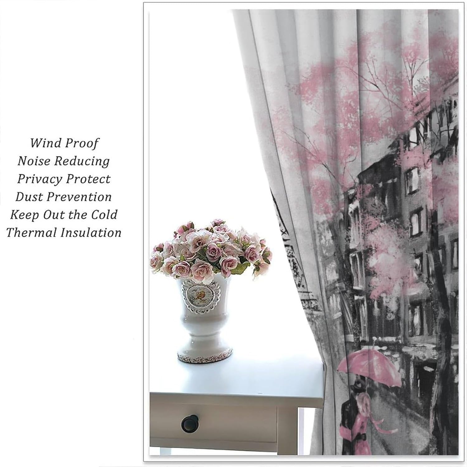 Eiffel Tower Blackout Curtain,Oil Painting Style Pink Paris Tower Couple Pattern Window Treatments 2 Panels Drapes for Bedroom Living Room Kitchen Decor 55x63in