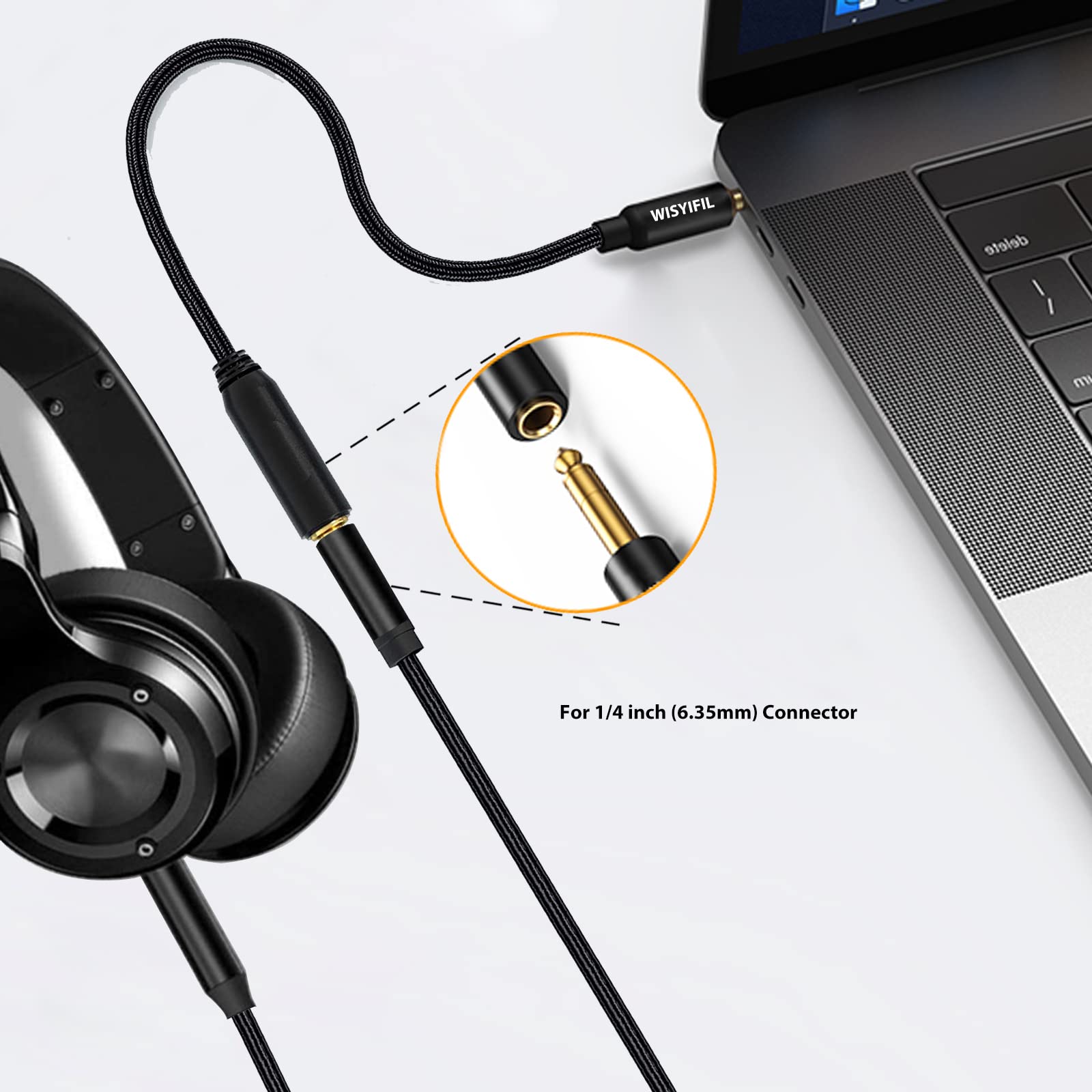 WISYIFIL Cable de 1/4 a 3,5 mm de largo, 0,3 m de largo, adaptador de 6,35 mm hembra a macho 3,5 mm, cable de audio estéreo 1/8 a 1/4, para auriculares, amplificador, guitarra, amplificador, etc.