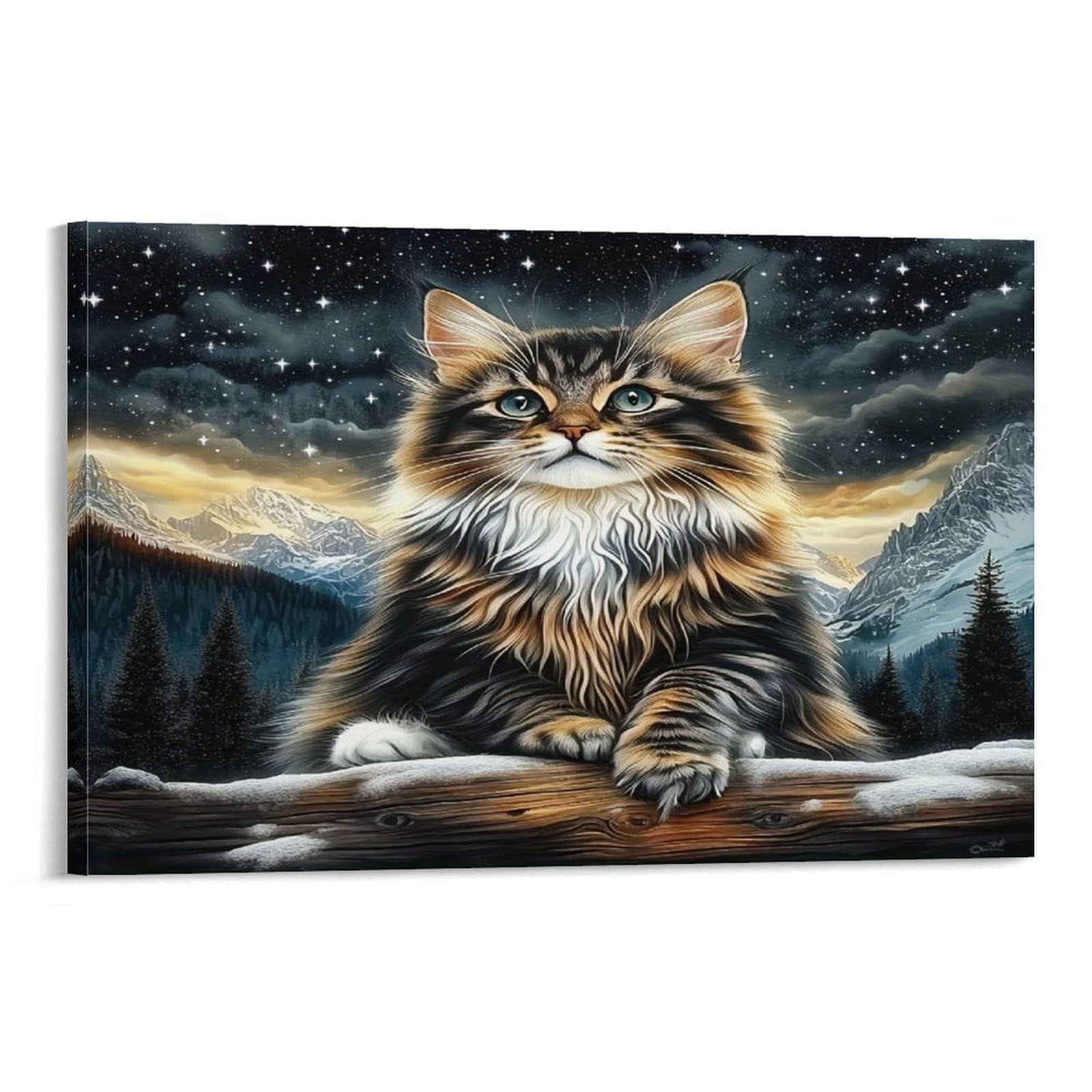 CPLVKWRQJ Starry Night Cat Single Piece Fluffy Tabby Cat Under Starry Mountain Sky Canvas Art - Kitchen Canvas Wall Decor Removable Multi-Purpose Ready to Hang 12x18inch(30x45cm)