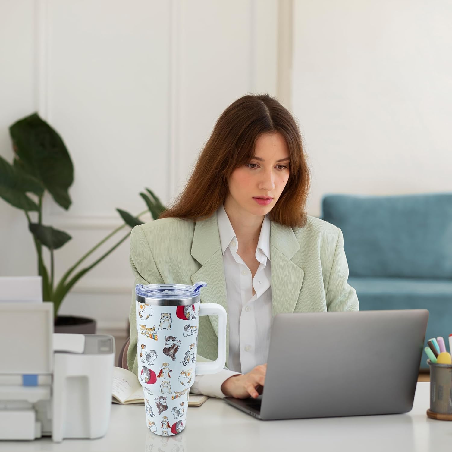 40 oz Tumbler with Handle and Straw, Stainless Steel Insulated Cup with Leak Proof Lid and Straw Lid, Keep Drinks Cold and Hot for Hours(Cat) - Image 5