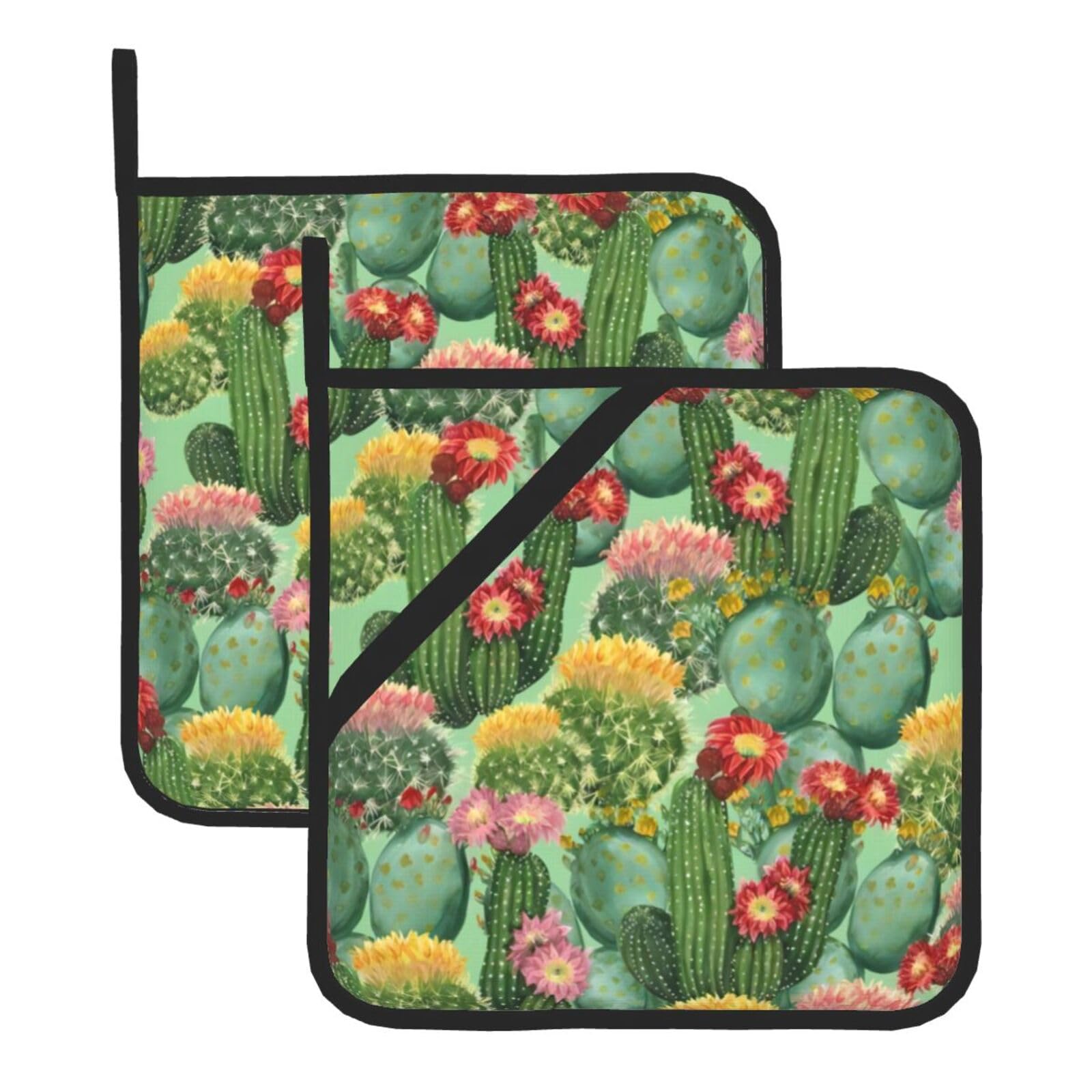 YYHWHJDE Cactus Floral Bloom Prints Square Hot Pads for Kitchen Counter - Waterproof Pot Holders with Hanging Loop, Durable Trivets for Microwave Oven - 2 Pack