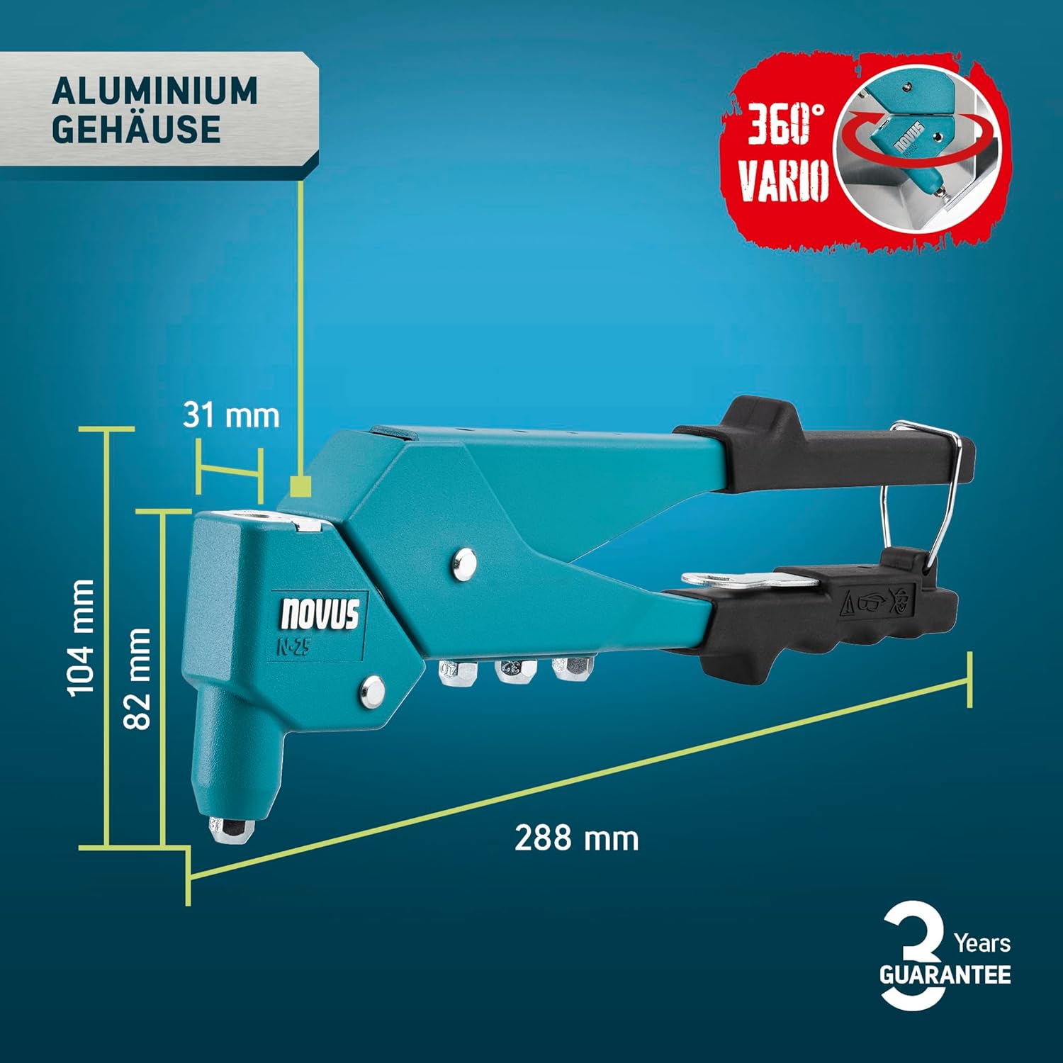 N-25 Vario Set of 100 Blind Rivets Aluminium Rivet Pliers with 360° Swivel Head, 1-Hand Operation, Ergonomic Handle Design, Return Spring