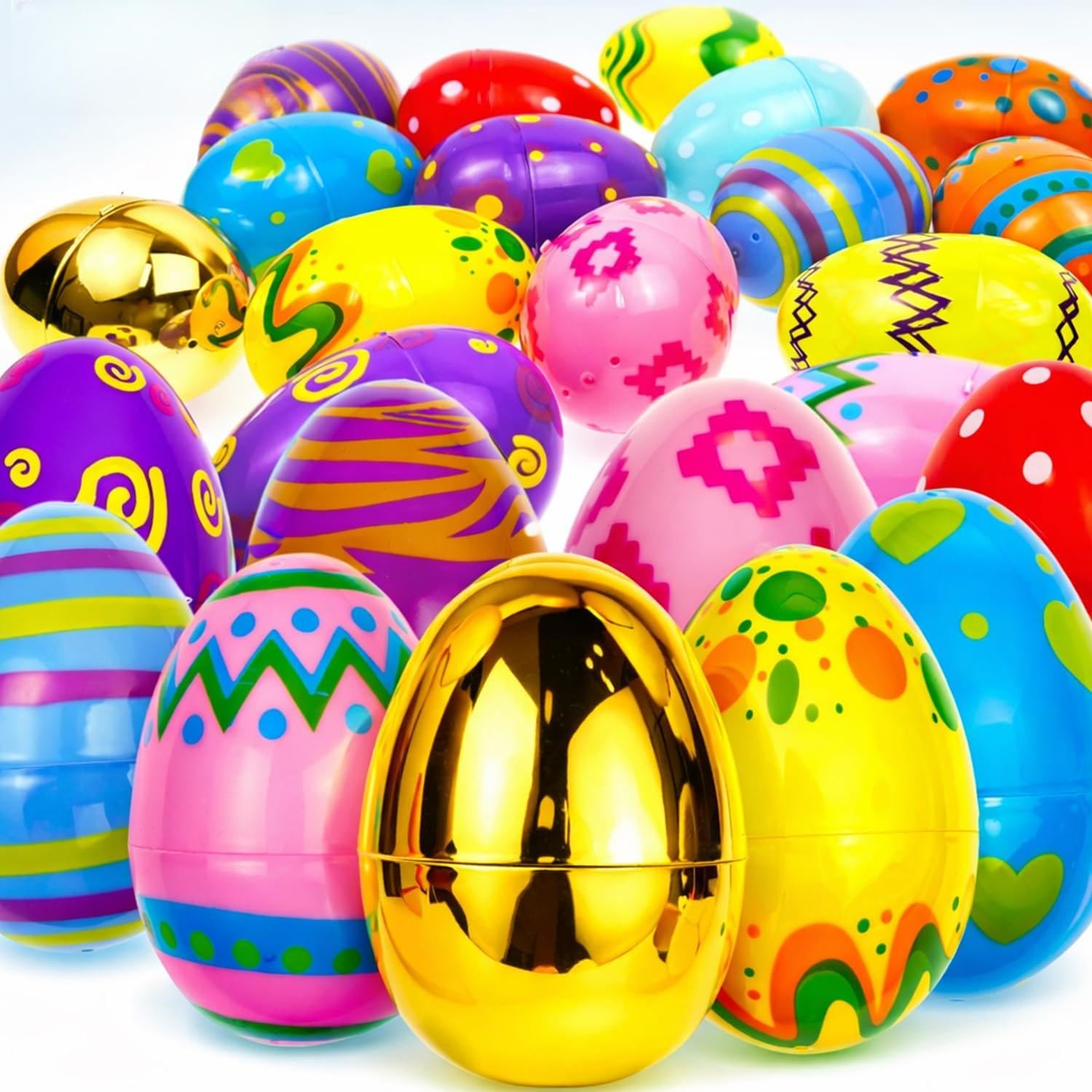GiftExpress 36 Pcs Jumbo Printed Easter Eggs, Large Golden Hinged Eggs 3” , Church Eggs Hunt, Basket Fillers, Filling Treats for Party Favor, Classroom Office Prize