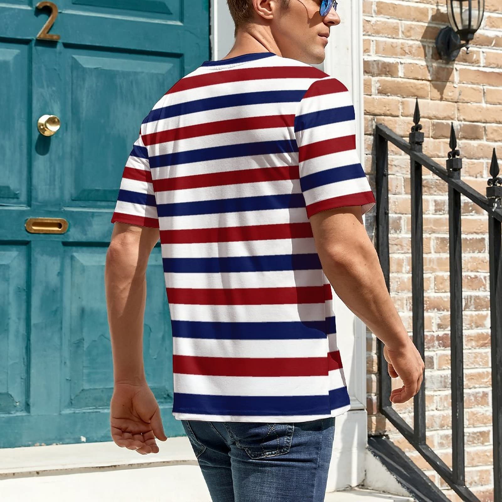 Amazon | 赤、白、青のストライプ メンズ Tシャツ半袖プリントシャツ