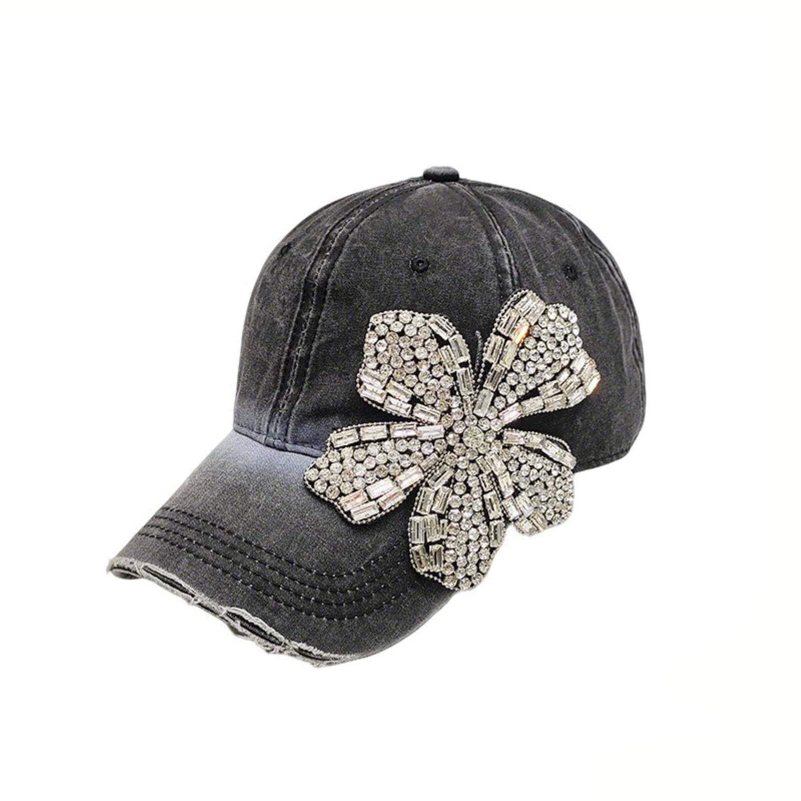 Cappellino Da Baseball Da Donna in Denim Lucido Con Strass Vintage Effetto Invecchiato Con Fiori Scintillanti Regolabile Modello Trucker