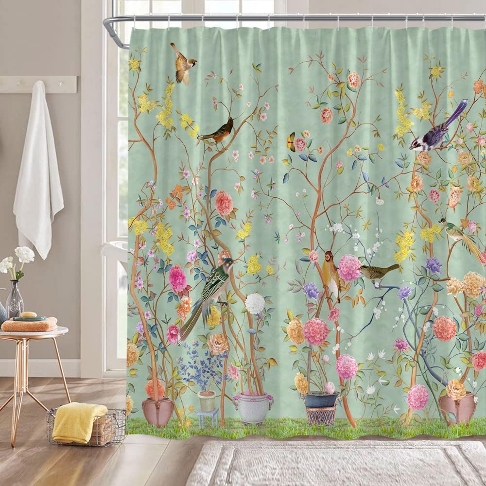 xinbai Flower Bird Shower Curtain, Washable 3D Printing Botanical Bath Curtains with Retro Flower Picture - Image 4