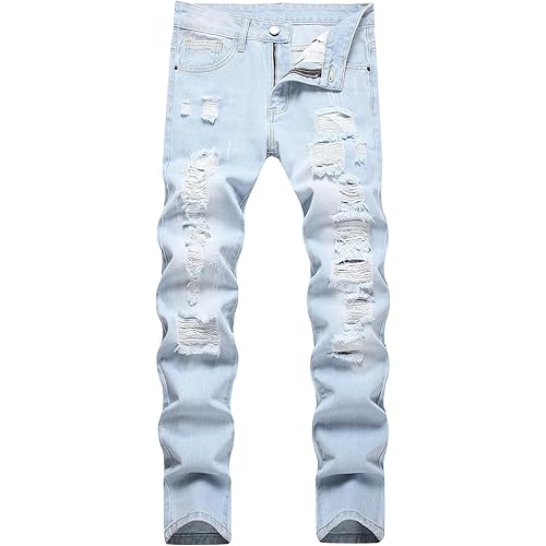 Men's Jeans Slim Fit Ripped Straight Leg Distressed Fashion Denim Pants