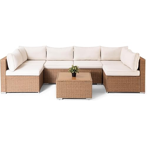 LAUSAINT HOME 7 Pieces Outdoor Patio Furniture, Outdoor Sectional Sofa Patio Furniture Sets Wicker Rattan Patio Conversation Sets with Cushion and Glass Table (Cream White)