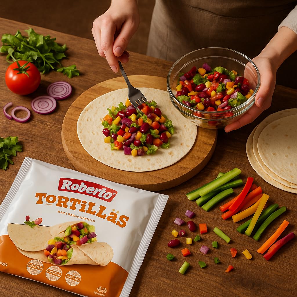 Roberto Tortillas di Grano Tenero – 12 pezzi di Tortilla Piadina Sottili, Arrotolabili e 100% Vegetali – Ideali per Wrap, Burritos e Fajitas Piatti Caldi e Freddi