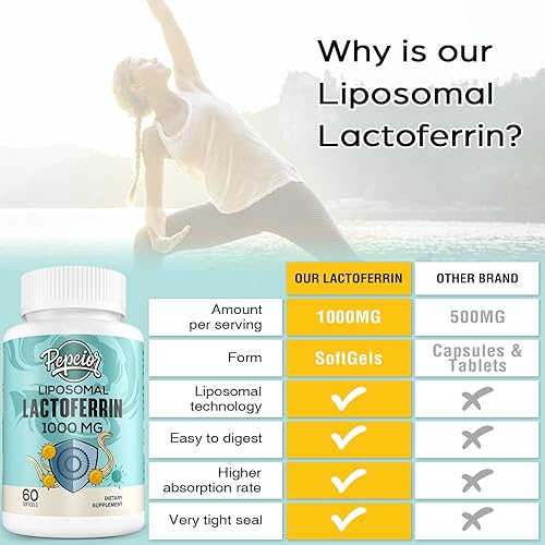 Miniatura 6 de Pepeior Lactoferrina liposomal de 1000 mg - Mayor absorción - para absorción de hierro y función inmune suplementos de lactoferrina para adultos, 60