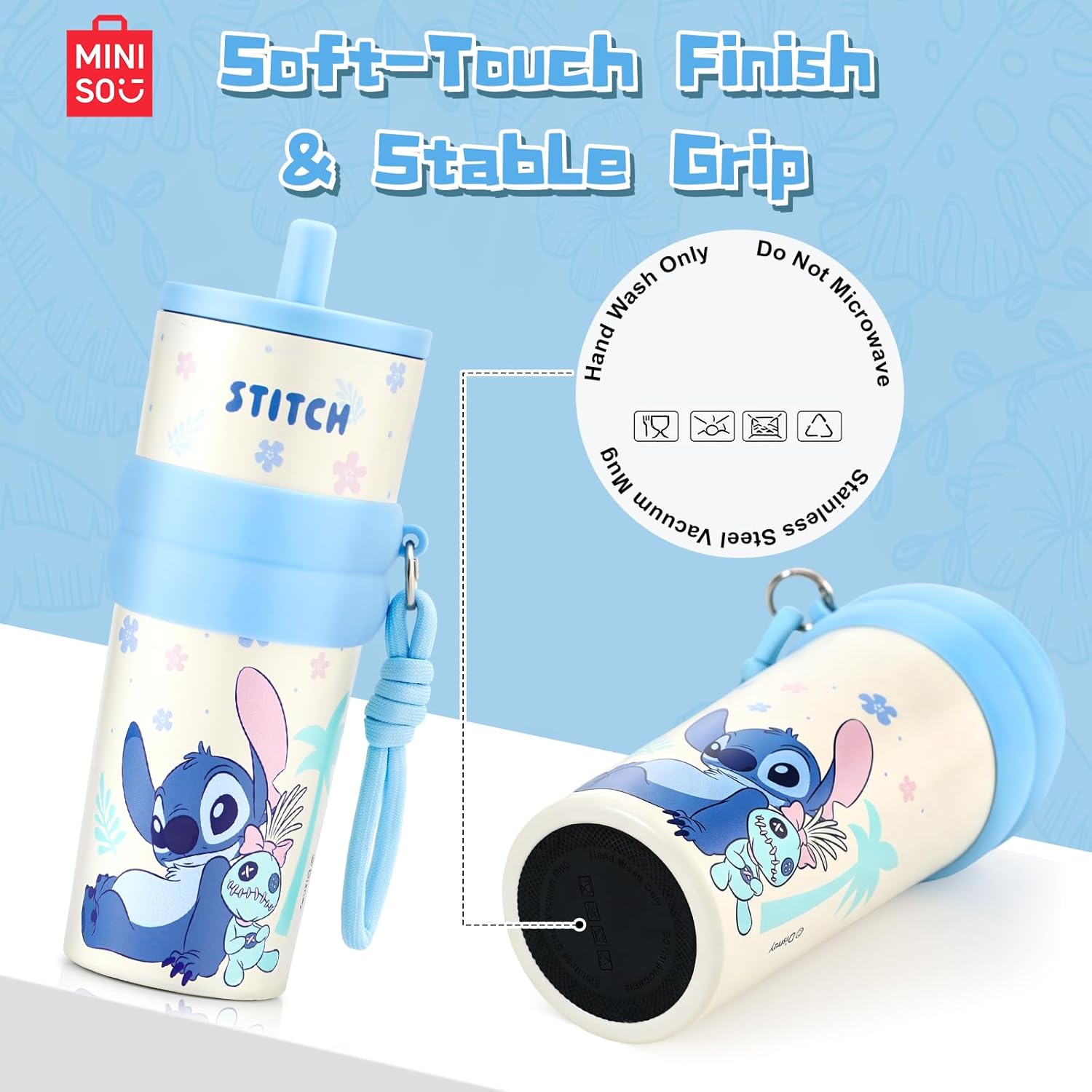 MINISO Disney Stitch Water Bottle, 20oz Lilo&Stitch Insulated Stainless Steel Bottle, Cartoon Vacuum Insulated Tumbler, Leak Proof Flip Top Stitch Cup for Sport Travel Office (Blue)