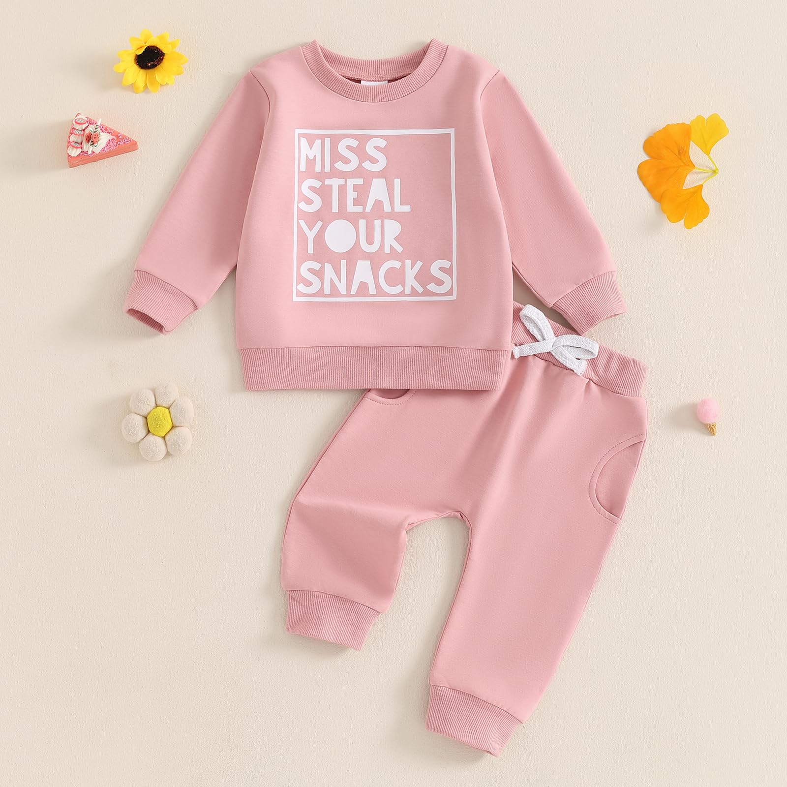 baorji Toddler Baby Girl Fall Outfits Miss Steal Your Snacks Long Sleeve Sweatshirt Pants Set Sweatsuit 2Pcs Winter Clothes (Pink, 18-24 Months)